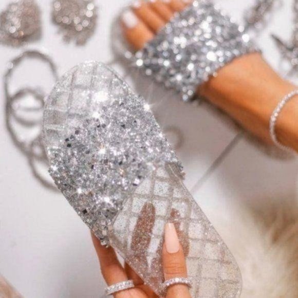 My Poshtique Shoes - !!RESTOCKED!! Silver Embellished Sparkle Slides